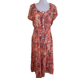 Figueroa and Flower Coral Off the Shoulder Smocked Waist Tiered Maxi Dress